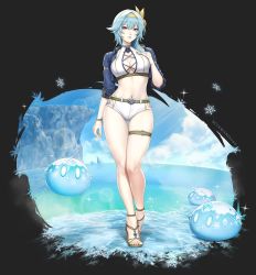 Rule 34 | 1girl, alternate costume, arm at side, artist name, bare legs, belt, blue hair, breasts, cleavage, cleavage cutout, clothing cutout, cloud, commentary, creature, crop top, cross-laced clothes, english commentary, eula (genshin impact), flower, full body, genshin impact, gluteal fold, hair flower, hair ornament, hair ribbon, hairband, hand on own chest, highres, large breasts, legs, long hair, looking at viewer, navel, nose, ocean, parted lips, revision, ribbon, sandals, sciamano240, short shorts, shorts, skindentation, sleeves past elbows, slime (genshin impact), smile, snowflakes, solo, standing, stomach, thigh gap, thigh strap, thighs, water, white shorts, yellow eyes, yellow flower, yellow hairband, yellow ribbon