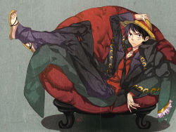 1boy, bad id, bad pixiv id, cape, couch, formal, hat, hat holding, kaguyuzu, looking at viewer, male focus, monkey d. luffy, necktie, one piece, one piece: strong world, pirate, red couch, red shirt, red upholstery, rumpled, sandals, scar, shirt, signature, simple background, sitting, solo, straw hat