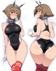 Rule 34 | 10s, 1girl, ass, bare shoulders, bed sheet, blush, breasts, brown hair, competition swimsuit, curvy, dakimakura (medium), gloves, green eyes, halcon, highres, kantai collection, kneehighs, large breasts, looking at viewer, looking back, lying, multiple views, mutsu (kancolle), on back, on stomach, one-piece swimsuit, sheet grab, short hair, smile, socks, swimsuit, third-party edit, top-down bottom-up, wide hips