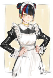 Rule 34 | 1girl, alternate costume, apron, black dress, black hair, blue hair, border, choker, closed mouth, collared dress, commentary, cropped legs, diagonal bangs, double bun, dress, enmaided, hair bun, hands on own hips, harusaruhi, headphones, highres, isshiki (ffmania7), juliet sleeves, kamitsubaki studio, light smile, long sleeves, looking at viewer, maid, maid apron, maid headdress, multicolored hair, outside border, puffy sleeves, red hair, short hair, signature, solo, standing, streaked hair, symbol-only commentary, virtual youtuber, white apron, white border, yellow background, yellow choker, yellow eyes, yellow lips