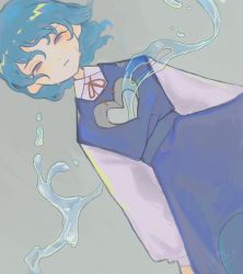 Rule 34 | 1girl, blue eyes, blue hair, blue skirt, blue vest, cirno, collared shirt, commentary, crying, frown, heart, kyomunohi, long sleeves, melting, neck ribbon, red ribbon, ribbon, sad, shirt, signature, skirt, skirt set, solo, touhou, vest, water, wavy hair, white shirt