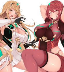 Rule 34 | 2girls, absurdres, bare legs, bare shoulders, black gloves, blonde hair, breasts, chest jewel, cleavage, cleavage cutout, clothing cutout, dress, earrings, elbow gloves, fingerless gloves, gem, gloves, hair ornament, headpiece, highres, jewelry, large breasts, long hair, mios1225, multiple girls, mythra (xenoblade), nintendo, pyra (xenoblade), red eyes, red hair, red legwear, red shorts, short dress, short hair, short shorts, shorts, swept bangs, thighhighs, tiara, very long hair, white dress, white gloves, xenoblade chronicles (series), xenoblade chronicles 2, yellow eyes