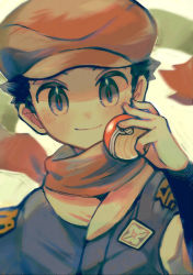 Rule 34 | 1boy, black hair, black shirt, blush, closed mouth, commentary request, creatures (company), floating scarf, gaito-san, game freak, grey eyes, grey jacket, hand up, hat, highres, holding, holding poke ball, jacket, looking at viewer, male focus, nintendo, orange hat, orange scarf, poke ball, poke ball (legends), pokemon, pokemon legends: arceus, rei (pokemon), scarf, shirt, short hair, smile, solo, upper body