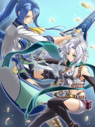 Rule 34 | 2girls, belt pouch, black gloves, black thighhighs, blue hair, boots, chiga akira, coat, crop top, cropped jacket, eiyuu densetsu, elbow gloves, falcom, falling feathers, feathers, fie claussell, floating hair, gloves, green eyes, gunblade, highres, holding, holding weapon, huge weapon, laura s. arseid, long hair, looking at viewer, multiple girls, ponytail, pouch, scarf, sen no kiseki, sen no kiseki iii, shorts, sidelocks, smile, sword, thighhighs, weapon, white hair, yellow eyes