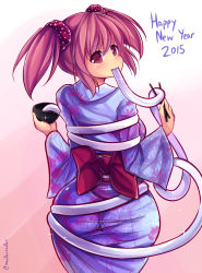Rule 34 | 10s, 1girl, 2015, ass, blush, bow, bowl, chopsticks, eating, food, from behind, happy new year, highres, huge ass, japanese clothes, kaname madoka, kimono, looking back, mahou shoujo madoka magica, mahou shoujo madoka magica (anime), maullarmaullar, mochi, new year, obi, pink eyes, pink hair, restrained, sash, scrunchie, short twintails, solo, taut clothes, twintails, wagashi, wide hips, you&#039;re doing it wrong