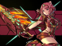 Rule 34 | 1girl, armor, breasts, commentary request, earrings, fire, gem, gloves, headpiece, jewelry, kouno (uiyoyo199), large breasts, legs, nintendo, pyra (xenoblade), red eyes, red hair, short hair, shoulder armor, solo, swept bangs, sword, thigh strap, tiara, weapon, x, xenoblade chronicles (series), xenoblade chronicles 2