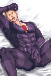 Rule 34 | 1boy, bara, bed, black bodysuit, bodysuit, brown hair, bulge, chris redfield, facial hair, large pectorals, looking at viewer, lying, male focus, muscular, muscular male, on back, on bed, open mouth, partially unzipped, pectorals, red eyes, resident evil, resident evil 5, short hair, solo, spread legs, stubble, thick thighs, thighs, you mama n, zipper, zipper pull tab