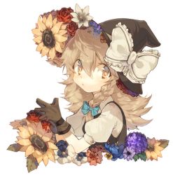 Rule 34 | 1girl, bad id, bad pixiv id, black gloves, blonde hair, bow, braid, cats brain, flower, gloves, hair bow, hair ornament, hat, hat flower, hat ribbon, kirisame marisa, long hair, looking at viewer, own hands together, puffy sleeves, ribbon, rose, shirt, short sleeves, side braid, simple background, single braid, solo, sunflower, touhou, upper body, vest, white background, witch hat, yellow eyes