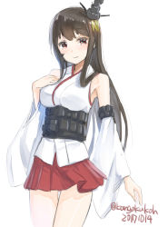 Rule 34 | 1girl, black hair, cowboy shot, dated, detached sleeves, fusou (kancolle), hair ornament, headgear, kangoku kou, kantai collection, long hair, looking at viewer, nontraditional miko, pleated skirt, red eyes, red skirt, simple background, skirt, smile, solo, twitter username, white background