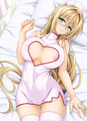 Rule 34 | 10s, 1girl, 3:, alternate costume, areola slip, blonde hair, blush, bow, breasts, breasts apart, cleavage cutout, cleft of venus, clothing cutout, dress, glasses, gluteal fold, green eyes, hair bow, halter dress, halterneck, hat, heart, heart cutout, huge breasts, legs together, long hair, looking at viewer, low-tied long hair, lying, nipple slip, nipples, no bra, no panties, nurse, nurse cap, partially visible vulva, pillow, solo, taro kasukabe, tearju lunatique, thighhighs, to love-ru, to love-ru darkness, very long hair, white thighhighs
