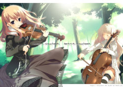 Rule 34 | 2girls, black &amp; white, blonde hair, cardigan, cello, cigarette, closed eyes, cover, cover page, dress, female focus, forest, highres, instrument, kagome (traumatize), lace, lace-trimmed skirt, lace trim, long hair, long skirt, multiple girls, nature, outdoors, pantyhose, pantyhose under shorts, patterned legwear, plant, shorts, sitting, skirt, smoking, standing, striped legwear, sunlight, tree, two-tone stripes, violin, wallpaper, wind, wind lift