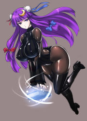 Rule 34 | 1girl, alternate costume, black bodysuit, black leotard, black thighhighs, bodysuit, book, boots, bow, breasts, covered erect nipples, crescent, crescent hair ornament, double bun, female focus, fingerless gloves, full body, gloves, hair bow, hair bun, hair ornament, huge breasts, large breasts, latex, leotard, long hair, looking at viewer, patchouli knowledge, purple eyes, purple hair, rindou (radical dream), simple background, solo, thighhighs, thighs, touhou, wide hips