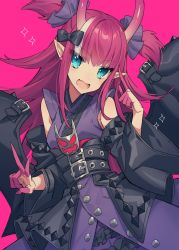 Rule 34 | 1girl, :d, alternate horns, bad id, bad twitter id, belt, black belt, black bow, blue eyes, blush, bow, detached sleeves, elizabeth bathory (fate), elizabeth bathory (japan) (fate), fang, fate/extra, fate/extra ccc, fate/grand order, fate (series), hair bow, hair ornament, hair scrunchie, hand up, head tilt, highres, horns, japanese clothes, kimono, long sleeves, looking at viewer, multicolored hair, multiple belts, official alternate costume, open mouth, pink background, pink hair, pointy ears, purple kimono, purple scrunchie, samei ikusa, scrunchie, simple background, smile, solo, streaked hair, two side up, upper body, v, wide sleeves