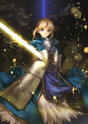 Rule 34 | 1girl, ahoge, armor, armored dress, artoria pendragon (all), artoria pendragon (fate), ashiwara yuu, blonde hair, blue dress, blue ribbon, braid, breastplate, cloud, commentary request, dress, excalibur (fate/stay night), fate/stay night, fate (series), gauntlets, glowing, glowing sword, glowing weapon, green eyes, hair ribbon, holding, holding sword, holding weapon, juliet sleeves, long sleeves, looking at viewer, puffy sleeves, ribbon, saber (fate), sidelocks, solo, sword, two-handed, v-shaped eyebrows, weapon