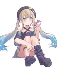 Rule 34 | 1girl, asymmetrical legwear, bandaid, bandaid on leg, bare shoulders, beret, black footwear, black hat, black leg warmers, black shirt, blue eyes, blue hair, blush, bow, cellphone, closed mouth, commentary, fishnets, gradient hair, grey skirt, hair bow, hashtag-only commentary, hat, highres, holding, holding phone, jelee-chan, leg warmers, light brown hair, long hair, looking at viewer, multicolored hair, off-shoulder shirt, off shoulder, phone, platform footwear, pleated skirt, purple bow, riwaneko13, shirt, short sleeves, sidelocks, simple background, single leg warmer, sitting, skirt, smartphone, solo, streaked hair, twintails, white background, yoru no kurage wa oyogenai