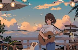 Rule 34 | 1girl, acoustic guitar, arisa (aren), artist name, black eyes, black hair, blue pants, closed mouth, commentary request, dog, fence, guitar, highres, instrument, lemonade, mountainous horizon, ocean, original, outdoors, pants, shirt, short hair, short sleeves, smile, solo, striped clothes, striped shirt, watermark, white shirt, wooden fence