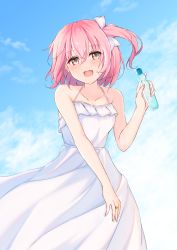 Rule 34 | 1girl, 7-mzk, assault lily, bare arms, bare shoulders, blue sky, blush, bottle, bow, cloud, collarbone, commentary request, cowboy shot, day, dress, frilled dress, frills, hair between eyes, hair bow, halter dress, halterneck, hand up, highres, hitotsuyanagi riri, holding, holding bottle, jewelry, long dress, looking at viewer, one side up, open mouth, outdoors, pink eyes, pink hair, ramune, ring, short hair, sky, solo, standing, sundress, teeth, upper teeth only, white bow, white dress