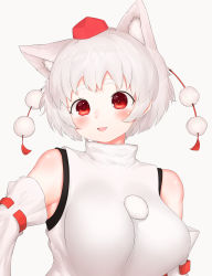 Rule 34 | 1girl, :d, absurdres, animal ears, bad id, bad pixiv id, bare shoulders, blush, breasts, highres, inubashiri momiji, large breasts, looking at viewer, open mouth, red eyes, shirt, short hair, simple background, smile, take (take143000), touhou, white background, white hair, white shirt, white sleeves, wolf ears, wolf girl