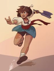 Rule 34 | 1girl, ajna (indivisible), axe, brown eyes, brown hair, commentary, indivisible, open mouth, pehesse, running, sandals, short hair, solo, weapon