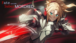 Rule 34 | 1girl, armor, artoria pendragon (all), artoria pendragon (fate), character name, clarent (fate), copyright name, fate/apocrypha, fate (series), highres, holding, holding sword, holding weapon, madyy, mordred (fate), mordred (fate/apocrypha), plate armor, saber (fate), sword, v-shaped eyebrows, weapon