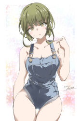 Rule 34 | 1girl, alternate breast size, alternate costume, breasts, cleavage, collarbone, gakky, green hair, highres, kantai collection, looking at viewer, naked overalls, one-hour drawing challenge, overalls, short hair, short hair with long locks, solo, takanami (kancolle), thigh gap, yellow eyes