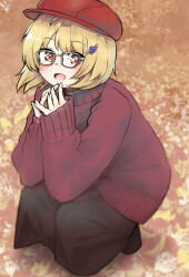Rule 34 | 1girl, aki minoriko, alternate costume, autumn leaves, blonde hair, brown footwear, brown skirt, food-themed hair ornament, ginnkei, grape hair ornament, hair ornament, hat, highres, long sleeves, looking at viewer, mob cap, open mouth, outdoors, red eyes, red hat, red sweater, shirt, skirt, sleeves past wrists, solo, squatting, steepled fingers, sweater, touhou
