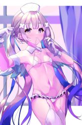 Rule 34 | 1girl, absurdres, amane kanata, amane kanata (nurse), armband, bikini, blue hair, breasts, closed mouth, colored inner hair, dutch angle, frills, garter straps, gloves, grey hair, hat, highres, hololive, long hair, looking at viewer, micro bikini, mouth hold, multicolored hair, navel, nurse, nurse cap, purple eyes, small breasts, smile, solo, stomach, swimsuit, thighhighs, twintails, unripe, very long hair, virtual youtuber, white gloves, white thighhighs, zettai ryouiki