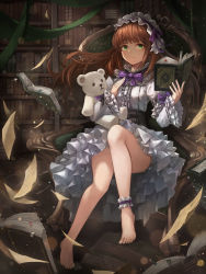 Rule 34 | 1girl, :&lt;, absurdres, ankle cuffs, ankle garter, barefoot, bonnet, book, bookmark, bookshelf, bow, bowtie, brown hair, chair, commentary, crystalherb, dress, frilled dress, frilled sleeves, frills, frown, full body, green eyes, hand up, highres, holding, holding book, holding stuffed toy, indoors, library, lolita fashion, long hair, long sleeves, looking at viewer, open book, original, papers, purple bow, sitting, solo, stuffed animal, stuffed toy, teddy bear, wooden floor