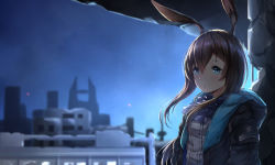 Rule 34 | 1girl, amiya (arknights), animal ears, arknights, black jacket, blue eyes, blue skirt, blurry, blurry background, blush, brown hair, building, chahei, commentary request, depth of field, hair between eyes, jacket, long hair, looking at viewer, night, night sky, open clothes, open jacket, outdoors, parted lips, rabbit ears, shirt, sidelocks, skirt, sky, solo, star (sky), starry sky, upper body, white shirt
