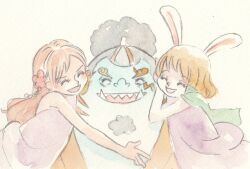 Rule 34 | 1boy, 2girls, ^ ^, affectionate, animal ears, blonde hair, cape, carrot (one piece), close-up, closed eyes, commentary request, facial hair, fish boy, flower, goatee, green cape, hair flower, hair ornament, highres, hug, jinbe (one piece), long hair, multiple girls, nami (one piece), one piece, open mouth, orange hair, painting (medium), ponytail, purple cape, rabbit ears, rabbit girl, scar, scar on face, short hair, simple background, traditional media, tusks, watercolor (medium), yachiy0
