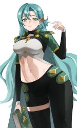 Rule 34 | absurdres, aqua hair, book, braid, breasts, cape, chloe (fire emblem), crop top, fire emblem, fire emblem engage, green eyes, highres, holding, holding book, large breasts, long hair, midriff, navel, nintendo, pearlbbbb, sage outfit (fire emblem engage), side braid