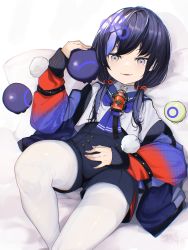 Rule 34 | 1girl, absurdres, black hair, blue hair, blue jacket, blue neckerchief, blue sailor collar, blue shorts, blueberry, crop top, fang, food, fruit, gradient jacket, grey eyes, grey hair, hand on own stomach, highres, jacket, pantyhose under shorts, long hair, long sleeves, looking at viewer, low twintails, lying, multicolored hair, neckerchief, nijisanji, off shoulder, on back, pantyhose, pom pom (clothes), ponto nei, sailor collar, senzaicha kasukadoki, shirt, shorts, skin fang, sleeves past wrists, smile, smug, solo, streaked hair, twintails, virtual youtuber, white pantyhose, white shirt