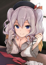 Rule 34 | 10s, 1girl, beret, blue eyes, breasts, cleavage, epaulettes, frilled sleeves, frills, gloves, grey eyes, hat, kantai collection, kashima (kancolle), looking at viewer, max melon, military, military uniform, revision, sidelocks, silver hair, single glove, smile, solo, tsurime, twintails, uniform, wavy hair, white gloves