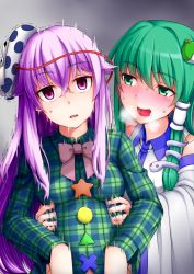 Rule 34 | 2girls, bad id, bad pixiv id, blush, breath, detached sleeves, frog hair ornament, gradient background, green eyes, green hair, hair ornament, hair tubes, hata no kokoro, highres, japanese clothes, kochiya sanae, long hair, long sleeves, looking at another, looking at viewer, mask, miko, multiple girls, noh mask, open mouth, pink eyes, pink hair, plaid, plaid shirt, shirt, simple background, slime, smile, snake hair ornament, string, sweat, sweatdrop, tickling, tickling sides, touhou, wide sleeves, yani (nokori life1)