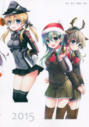 Rule 34 | 3girls, absurdres, anchor hair ornament, animal ears, antlers, aqua eyes, arms behind back, bankoku ayuya, black legwear, black ribbon, black skirt, blonde hair, blush, bound, bound arms, box, buttons, cross, deer ears, doughnut, food, gift, gift box, gloves, hair ornament, hat, highres, holding, horns, iron cross, kantai collection, kumano (kancolle), looking at viewer, low twintails, microskirt, military, military hat, military uniform, multiple girls, open mouth, own hands together, peaked cap, pleated skirt, pom pom (clothes), prinz eugen (kancolle), ribbon, santa hat, skirt, smile, suzuya (kancolle), thighhighs, twintails, uniform, white gloves, zettai ryouiki