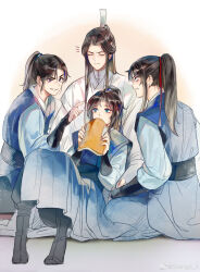 Rule 34 | 4boys, absurdres, angry, annoyed, artist name, bishounen, black hair, blue eyes, blue robe, blue sash, book, chinese clothes, chinese commentary, chu wanning, clenched teeth, closed eyes, closed mouth, commentary request, covering own mouth, erha he tadebai mao shizun, green eyes, grin, hair between eyes, hair ornament, hair ribbon, hand up, hands up, hanfu, high ponytail, highres, holding, holding book, index finger raised, long hair, long sleeves, looking at another, male focus, mo ran, multiple boys, open book, parted bangs, pointing, pointing at another, ponytail, profile, puffy sleeves, purple eyes, red ribbon, ribbon, robe, sash, sheng3 3, shi mei, sidelocks, sitting, smile, sweatdrop, teeth, vambraces, weibo logo, weibo watermark, white robe, xue meng