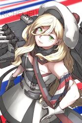 Rule 34 | 1girl, anti-aircraft, anti-aircraft gun, beret, blonde hair, breasts, cannon, character name, commentary request, dress, gloves, green eyes, hair between eyes, hat, highres, kantai collection, lips, long hair, looking at viewer, mast, medium breasts, mole, mole under eye, mole under mouth, multicolored clothes, multicolored gloves, multicolored scarf, oso (toolate), revision, richelieu (kancolle), rigging, scarf, smile, solo, strapless, strapless dress, turret
