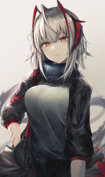 1girl ahoge antennae arknights black_jacket black_scarf black_skirt breasts demon_horns grey_background grey_hair grey_shirt hand_in_pocket highres horns jacket kiyakyuu large_breasts open_clothes open_jacket scar scar_on_arm scarf shirt simple_background skirt slit_pupils solo upper_body w_(arknights) yellow_eyes