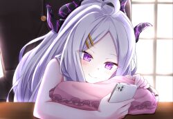 Rule 34 | 1girl, ahoge, backlighting, bare arms, bare shoulders, blue archive, blush, cellphone, chair, closed mouth, commentary request, day, forehead, frilled pillow, frills, hair ornament, hairclip, highres, hina (blue archive), holding, holding phone, horns, indoors, long hair, nenosame, office chair, parted bangs, phone, pillow, purple eyes, shirt, sleeveless, sleeveless shirt, smile, solo, sunlight, swivel chair, very long hair, white hair, white shirt, window
