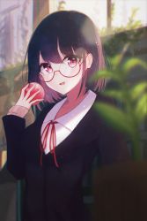 Rule 34 | 1girl, apple, black jacket, blazer, blurry, blurry foreground, brown hair, collared shirt, commentary request, depth of field, food, fruit, glasses, hand up, highres, holding, holding food, holding fruit, hyakunin momoko, jacket, light particles, long sleeves, looking at viewer, neck ribbon, original, parted lips, red-framed eyewear, red eyes, red ribbon, ribbon, semi-rimless eyewear, shirt, short hair, sidelocks, sleeves past wrists, smile, solo, under-rim eyewear, upper body, white shirt, wing collar
