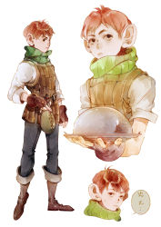 Rule 34 | 1boy, absurdres, arm at side, armor, belt, blue pants, brown footwear, brown gloves, chest guard, chilchuck tims, closed mouth, dungeon meshi, fingerless gloves, frown, gloves, green scarf, halfling, highres, holding, holding tray, leather armor, long sleeves, looking at viewer, male focus, multiple views, myozur, pants, red hair, scarf, serving dome, shirt, short hair, sideways glance, simple background, sleeves rolled up, speech bubble, sweat, tray, waterskin, white background, white shirt