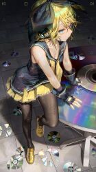 Rule 34 | 1girl, black bow, black hairband, black pantyhose, black sailor collar, black shirt, blonde hair, blue eyes, bow, cd, commentary, gold footwear, hair bow, hair ornament, hairband, hairclip, highres, indoors, kagamine rin, loafers, looking to the side, loose neckerchief, neckerchief, oohhya, pantyhose, sailor collar, shirt, shoes, short hair, sitting, sitting on table, skirt, sleeveless, sleeveless shirt, solo, swept bangs, table, tile floor, tiles, torn clothes, torn pantyhose, vocaloid, wet, wet clothes, wet hair, yellow neckerchief, yellow skirt