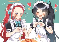 Rule 34 | 2girls, :d, ^ ^, absurdly long hair, alternate costume, apron, aris (maid) (blue archive), black hair, blue archive, bow, closed eyes, commentary request, enmaided, flying sweatdrops, food, forehead, hair between eyes, hair bow, hair ribbon, halo, heart, heart hands, highres, jin ne kung, long hair, looking at viewer, maid, maid apron, maid headdress, moe moe kyun!, multiple girls, official alternate costume, official alternate hairstyle, omelet, omurice, open mouth, parted bangs, parted lips, plate, ponytail, purple eyes, red hair, ribbon, romaji commentary, short sleeves, sidelocks, simple background, smile, very long hair, yuzu (maid) (blue archive)