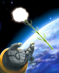 Rule 34 | 1boy, bad id, bad pixiv id, compass, earth (planet), flower, gloves, gradient background, highres, hiro (hibikigaro), male focus, planet, planetes, science fiction, solo, space, spacesuit, star (symbol), yuri mihairokov, zero gravity