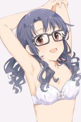 Rule 34 | 1girl, :d, armpits, arms behind head, arms up, bare arms, black-framed eyewear, black hair, blush, bow, bow bra, bra, breasts, cleavage, collarbone, commentary request, floral print, glasses, grey background, highres, hiroki (yyqw7151), idolmaster, idolmaster million live!, light blush, long hair, looking at viewer, looking to the side, medium breasts, open mouth, print bra, red eyes, simple background, smile, solo, takayama sayoko, underwear, underwear only, upper body, wavy hair, white bow, white bra
