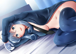 Rule 34 | 1girl, :d, bed, bed sheet, black necktie, blue eyes, blue hair, blue thighhighs, bottomless, breasts, gloves, gotland (kancolle), hair between eyes, half gloves, kamelie, kantai collection, long hair, long sleeves, medium breasts, military, military uniform, mole, mole under eye, necktie, no pants, open mouth, pillow, smile, solo, thighhighs, uniform, white gloves