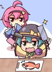 Rule 34 | 2girls, :3, ^^^, ahoge, blue hair, chibi, covering own mouth, cutting board, fish, flying sweatdrops, hair ornament, hairband, hammer, hat, hat ribbon, holding, japanese saw, komeiji koishi, komeiji satori, kukku, multiple girls, open mouth, outstretched arms, pink hair, ribbon, saw, short hair, simple background, smile, sparkle, spread arms, sweat, third eye, touhou, two-tone background