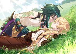 Rule 34 | 2boys, aether (genshin impact), ahoge, ar (rikuesuto), arm tattoo, bead necklace, beads, blonde hair, braid, closed eyes, cloud, day, earrings, facial mark, forehead mark, genshin impact, gloves, gradient hair, grass, green hair, hair between eyes, imminent kiss, jewelry, long hair, lying, male focus, mask, multicolored hair, multiple boys, necklace, on back, outdoors, pants, parted lips, single braid, single earring, sky, tattoo, xiao (genshin impact), yaoi