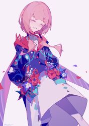 Rule 34 | 1girl, absurdres, blue dress, blue flower, closed eyes, commentary, dress, facing viewer, fagun yibei, falling petals, flower, grin, hands in pockets, highres, hood, hood down, hooded dress, kaf (kamitsubaki studio), kamitsubaki studio, long hair, petals, pink background, pink hair, red flower, signature, simple background, smile, solo, standing, symbol-only commentary, twintails, two-tone dress, virtual youtuber, white dress, white flower