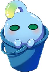 Rule 34 | 1girl, ahoge, artist request, blue skin, blush, bucket, colored skin, green eyes, in bucket, in container, lowres, monster girl, monster musume no iru nichijou, monster musume no iru nichijou online, official art, slime (creature), slime girl, solo, suu (monster musume), tentacle hair, transparent background